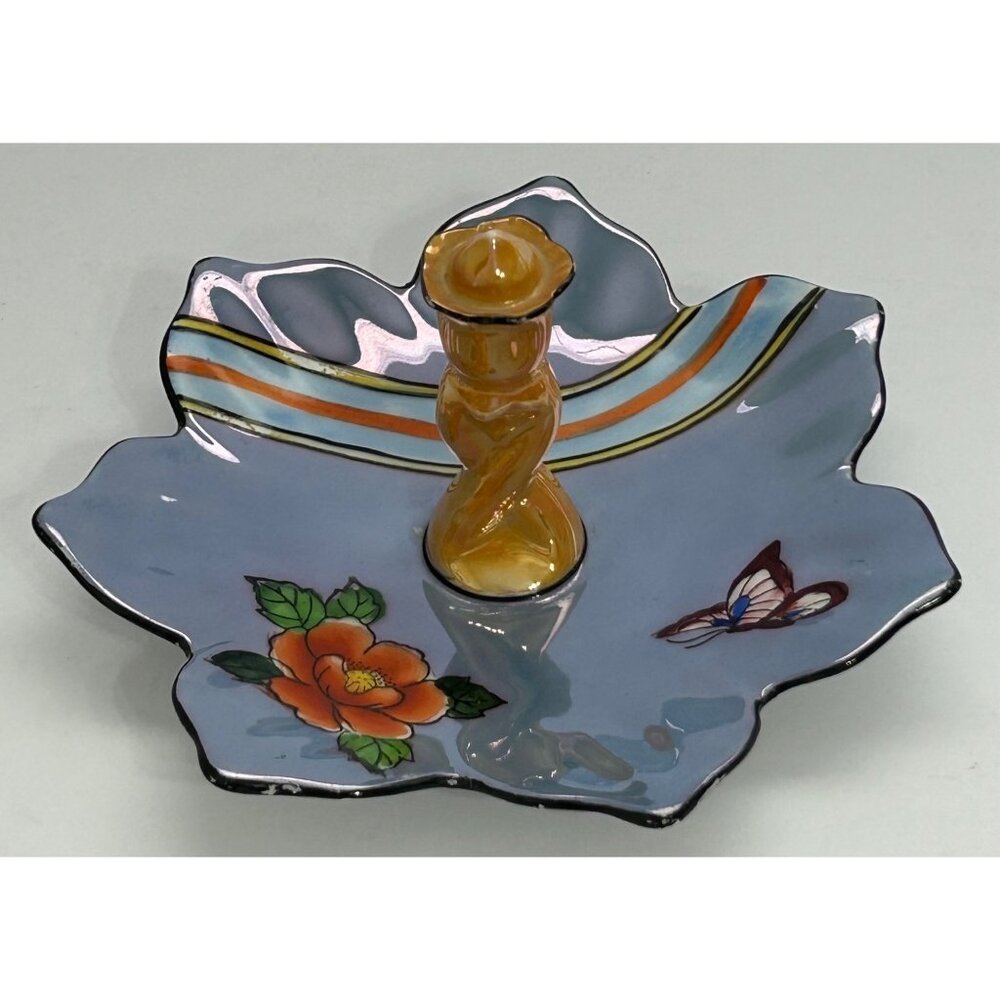 Lusterware Art Deco Noritake Blue Floral Butterfly Ring Trinket Tidbit Soap Dish - Picture 1 of 13